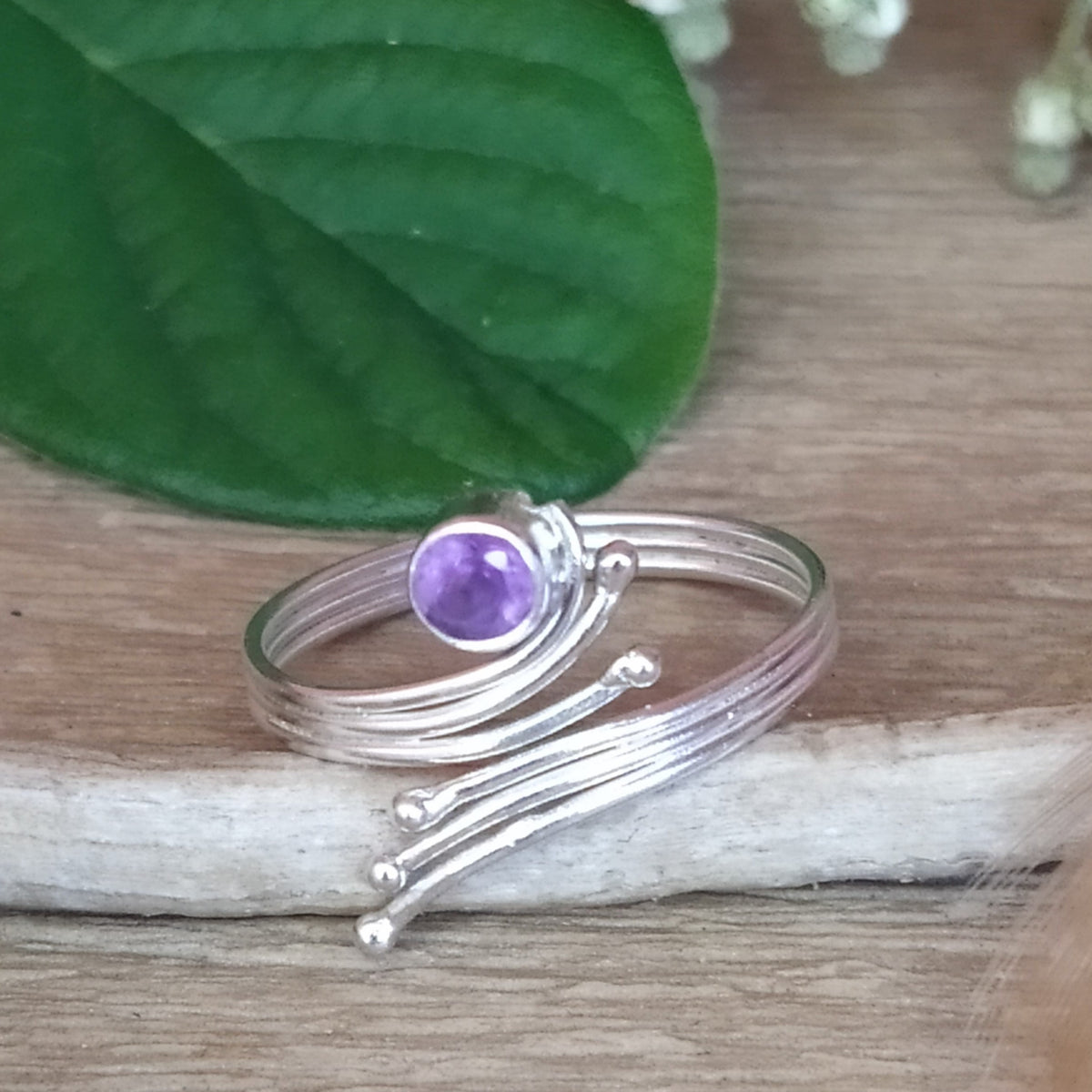 Bague réglable en argent et améthyste - Petite Rainette