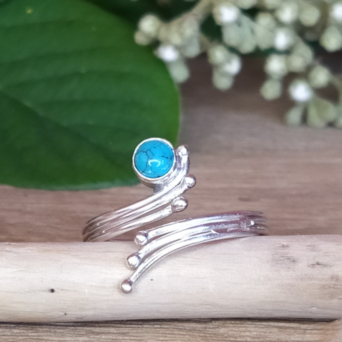 Bague réglable en argent et turquoise - Petite Rainette