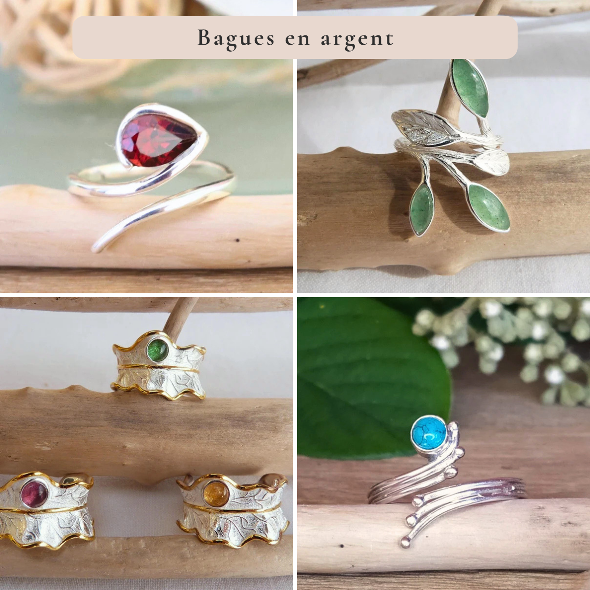 Bagues réglables en argent et pierres naturelles