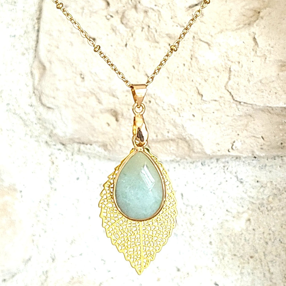 Collier en amazonite naturelle sertie, forme goutte, pièce unique