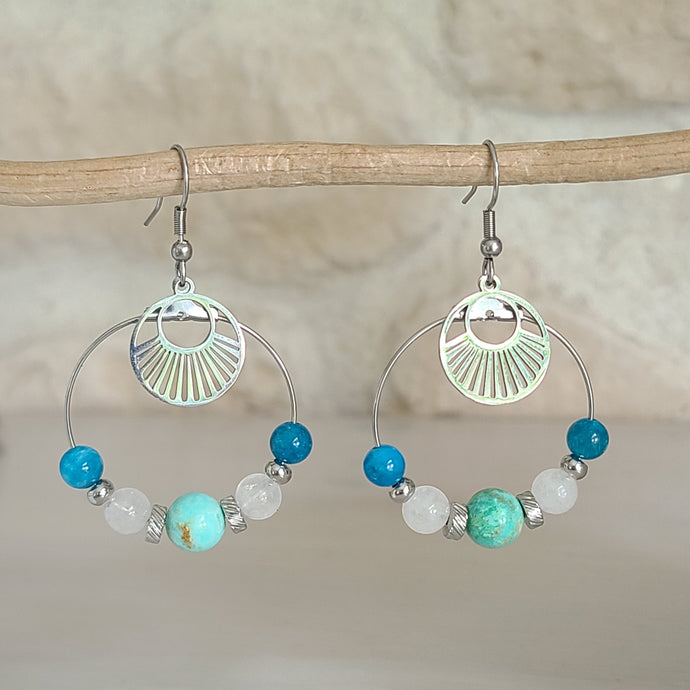 Boucles d'oreilles créoles en acier turquoise et apatite