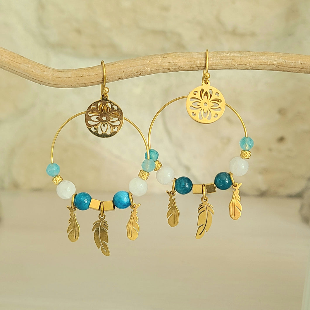 Boucles d'oreilles créoles en acier et apatite