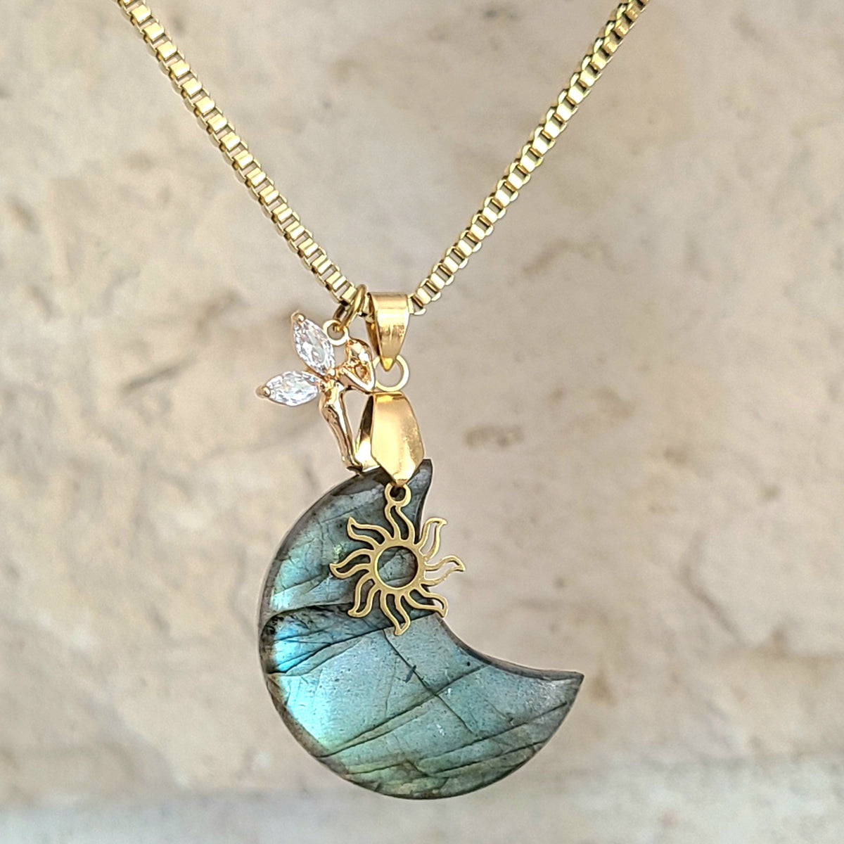 Collier lune en acier et labradorite - Petite Rainette