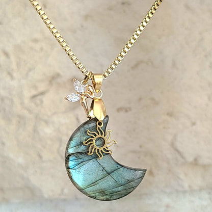 Collier lune en acier et labradorite - Petite Rainette