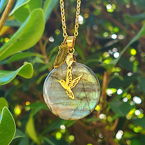 Nouveauté - Collier colibri en acier et labradorite