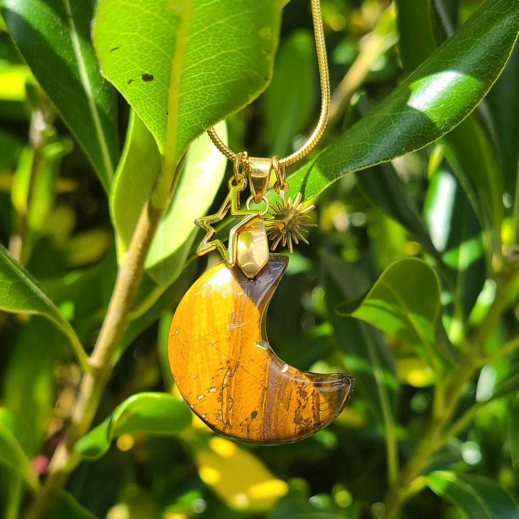 Collier lune en acier et oeil de tigre