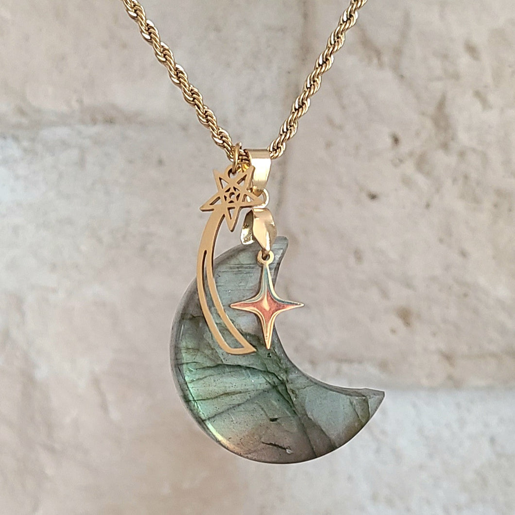 Nouveauté - Collier lune en acier et labradorite