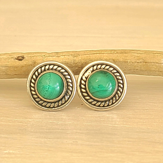 Puces d'oreilles en argent et malachite - Petite Rainette