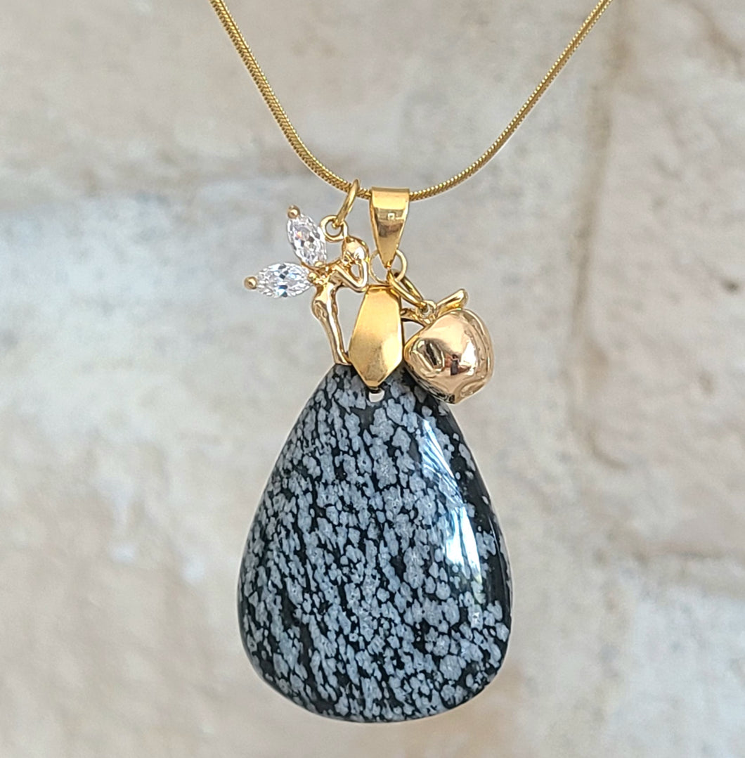 Collier en acier et obsidienne flocon de neige