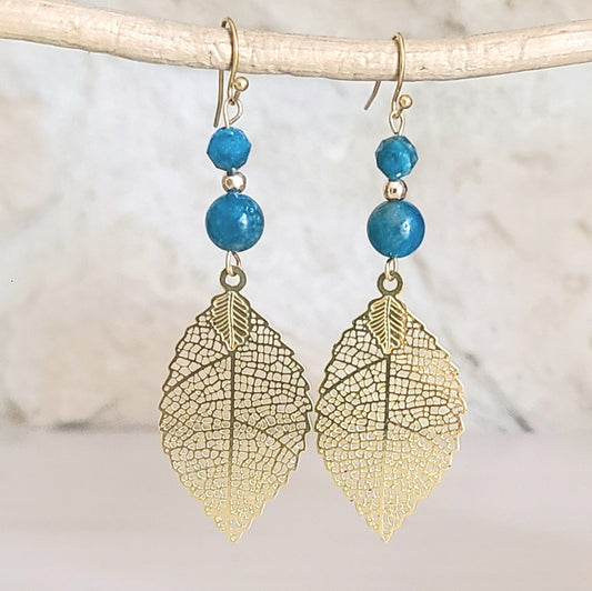 Boucles d'oreilles longues feuille en apatite - Petite Rainette