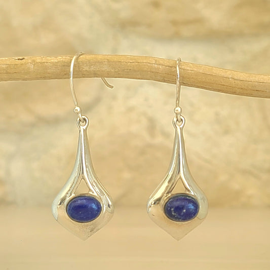 Boucles d'oreilles longues forme goutte en argent et lapis-lazuli - Petite Rainette