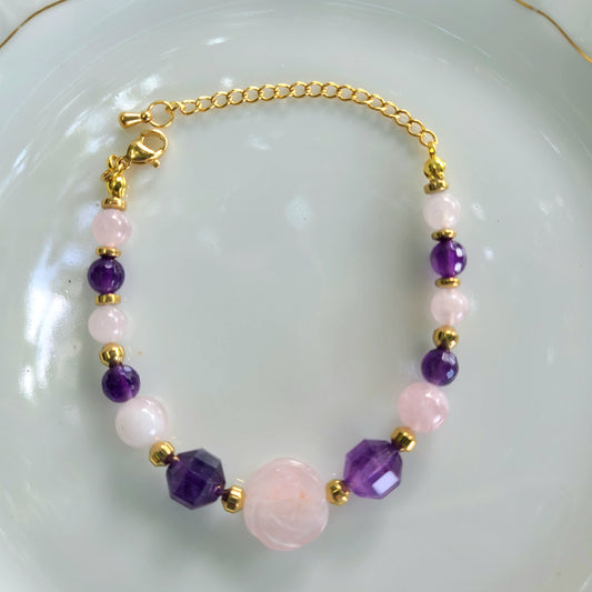 Bracelet acier en améthyste et quartz rose