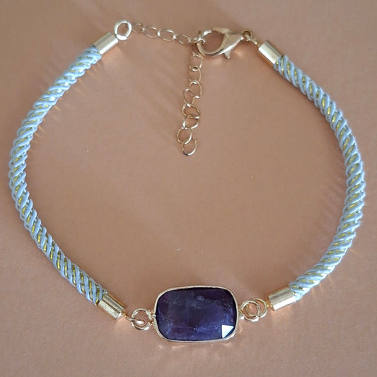 Bracelet cordon réglable amethyste et acier doré