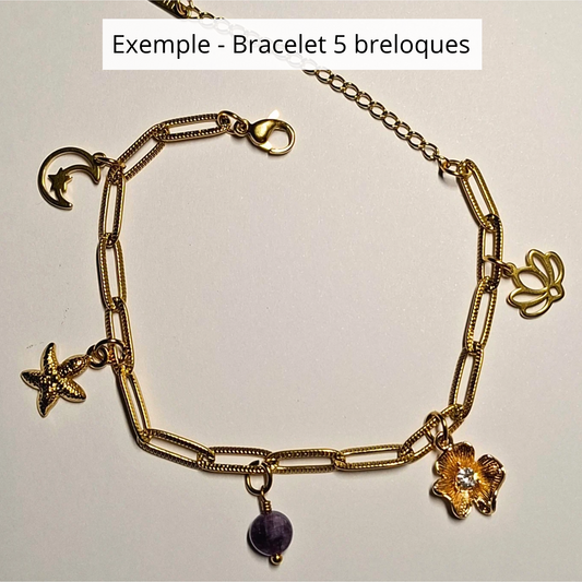 Exemple de bracelet personnalisé doré avec 5 breloques, pierres naturelles et symboles