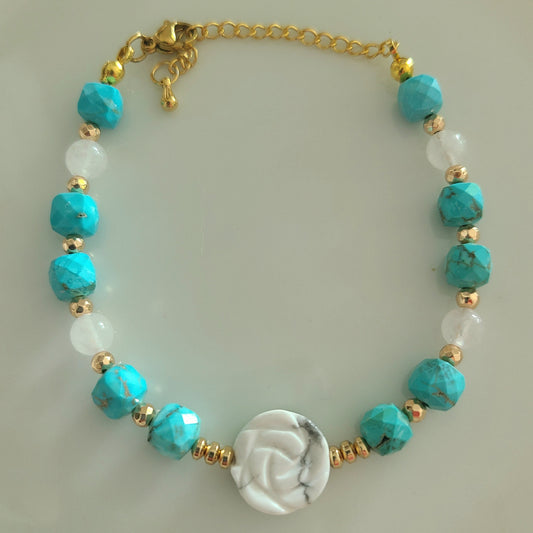 Bracelet en acier doré turquoise et howlite - Petite Rainette