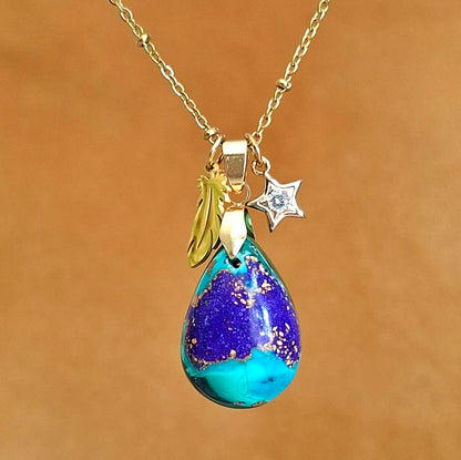 Collier azurite goutte bleu vert pierre naturelle acier inoxydable dore plume etoile zirconium