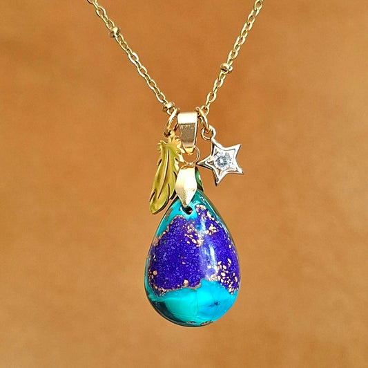 Collier azurite goutte bleu vert pierre naturelle acier inoxydable dore plume etoile zirconium