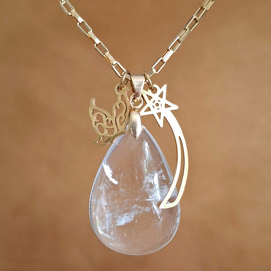Collier doré en cristal de roche naturel forme goutte breloques étoile filante et papillon