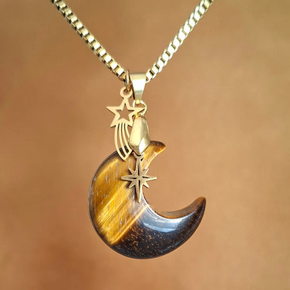 Collier lune en œil de tigre naturel avec chaîne dorée et breloques étoile et étoile filante