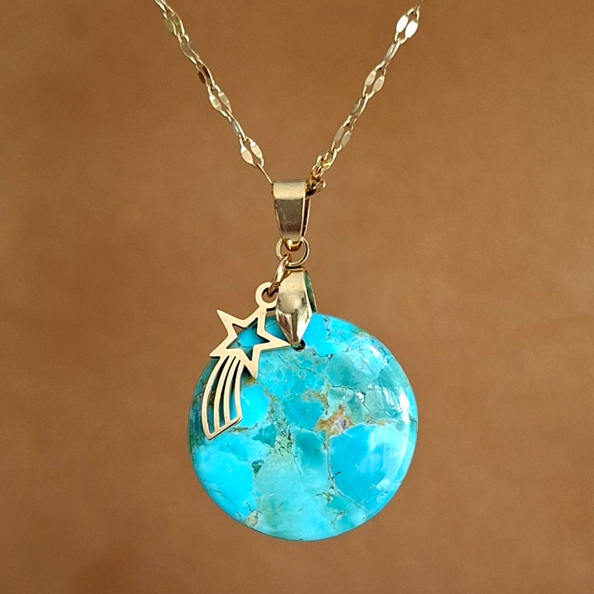 collier turquoise mohave ronde pierre naturelle acier inoxydable doré étoile filante