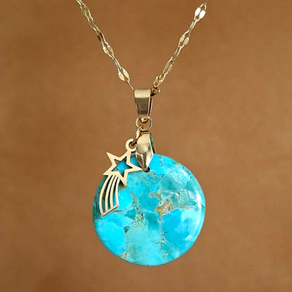 collier turquoise mohave ronde pierre naturelle acier inoxydable doré étoile filante