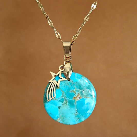 collier turquoise mohave ronde pierre naturelle acier inoxydable doré étoile filante
