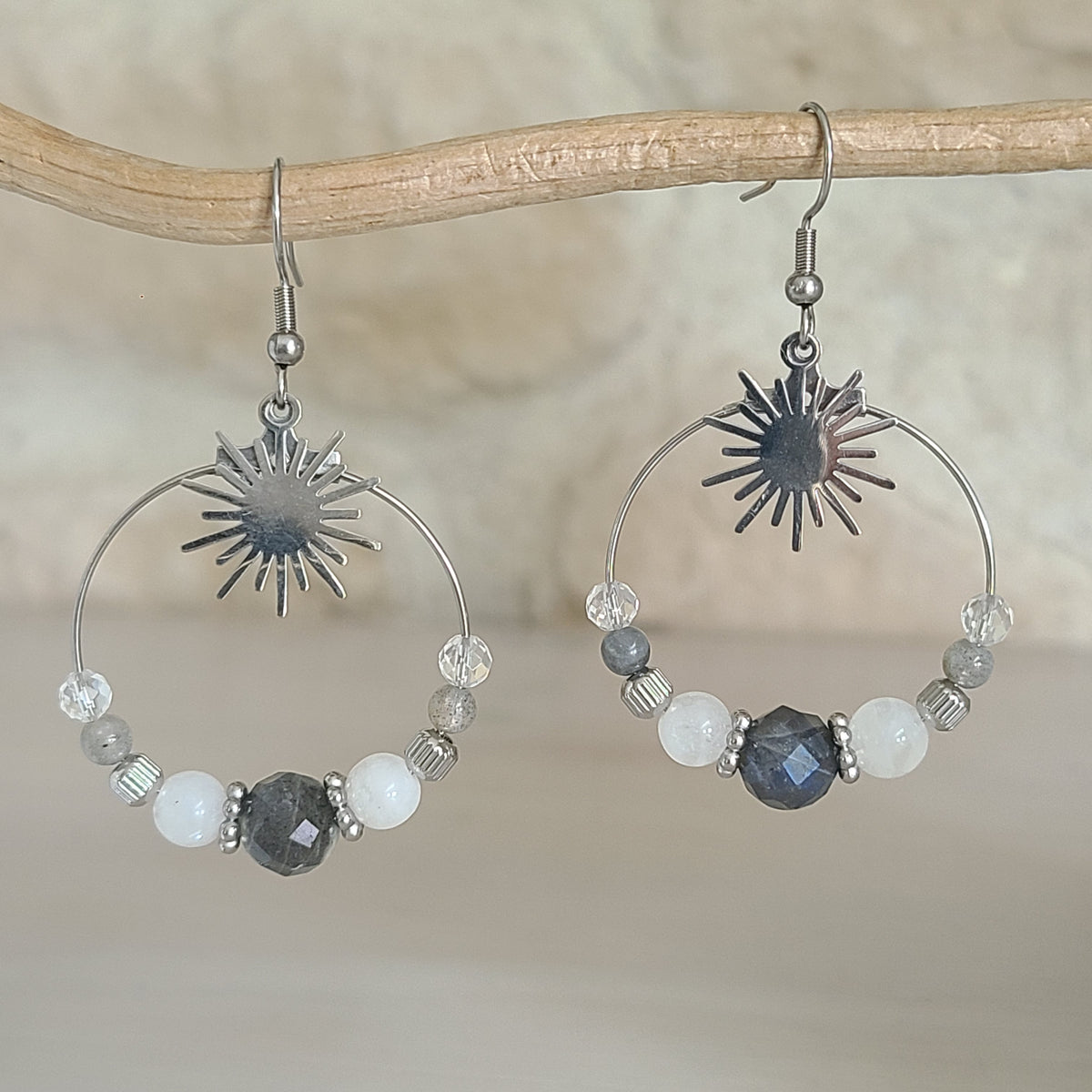 Boules d'oreilles créoles argent en labradorite