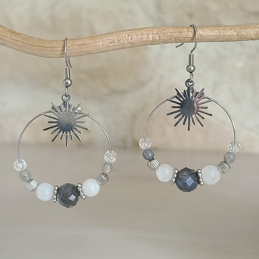 Boules d'oreilles créoles argent en labradorite