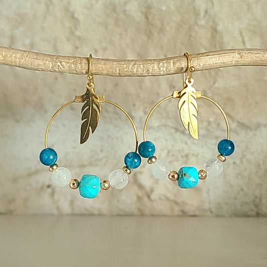 Boucles d'oreilles dorées en turquoise apatite et quartz avec breloque plume