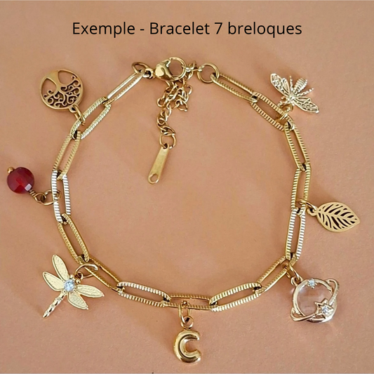 Exemple de bracelet personnalisé doré avec 7 breloques, pierres naturelles et symboles