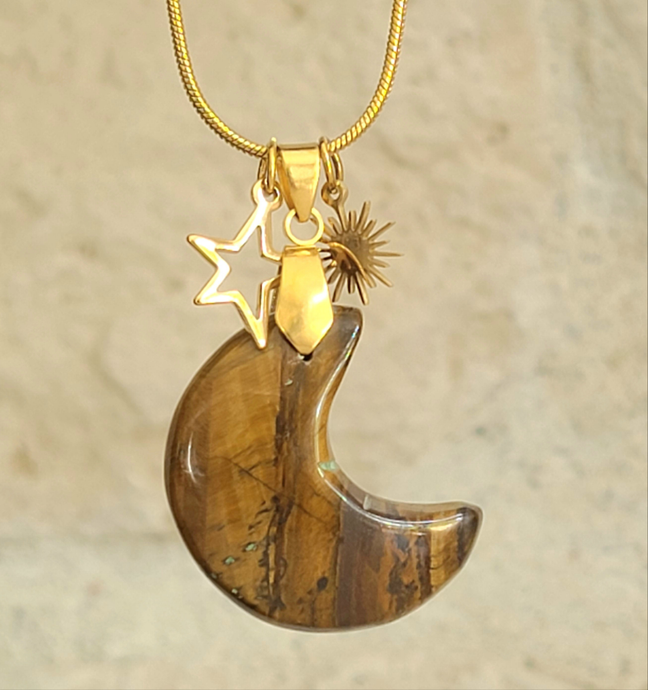 Nouveauté - Collier lune en œil de tigre