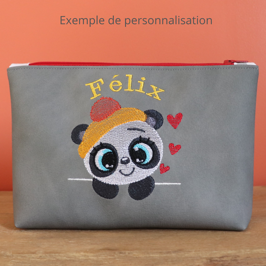 Trousse enfant brodée panda et prénom personnalisable sur simili cuir gris