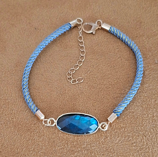 Bracelet cordon gris et doré avec labradorite naturelle facettée