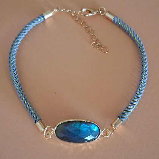 Bracelet cordon gris et doré avec labradorite naturelle facettée
