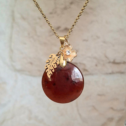 Collier grenat hessonite rond pierre naturelle acier inoxydable doré feuille fleur zirconium