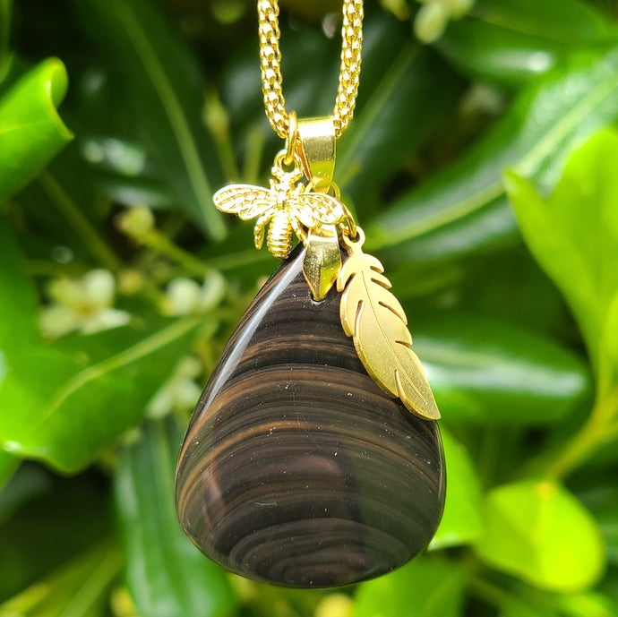 Nouveauté - Collier en acier et obsidienne dorée