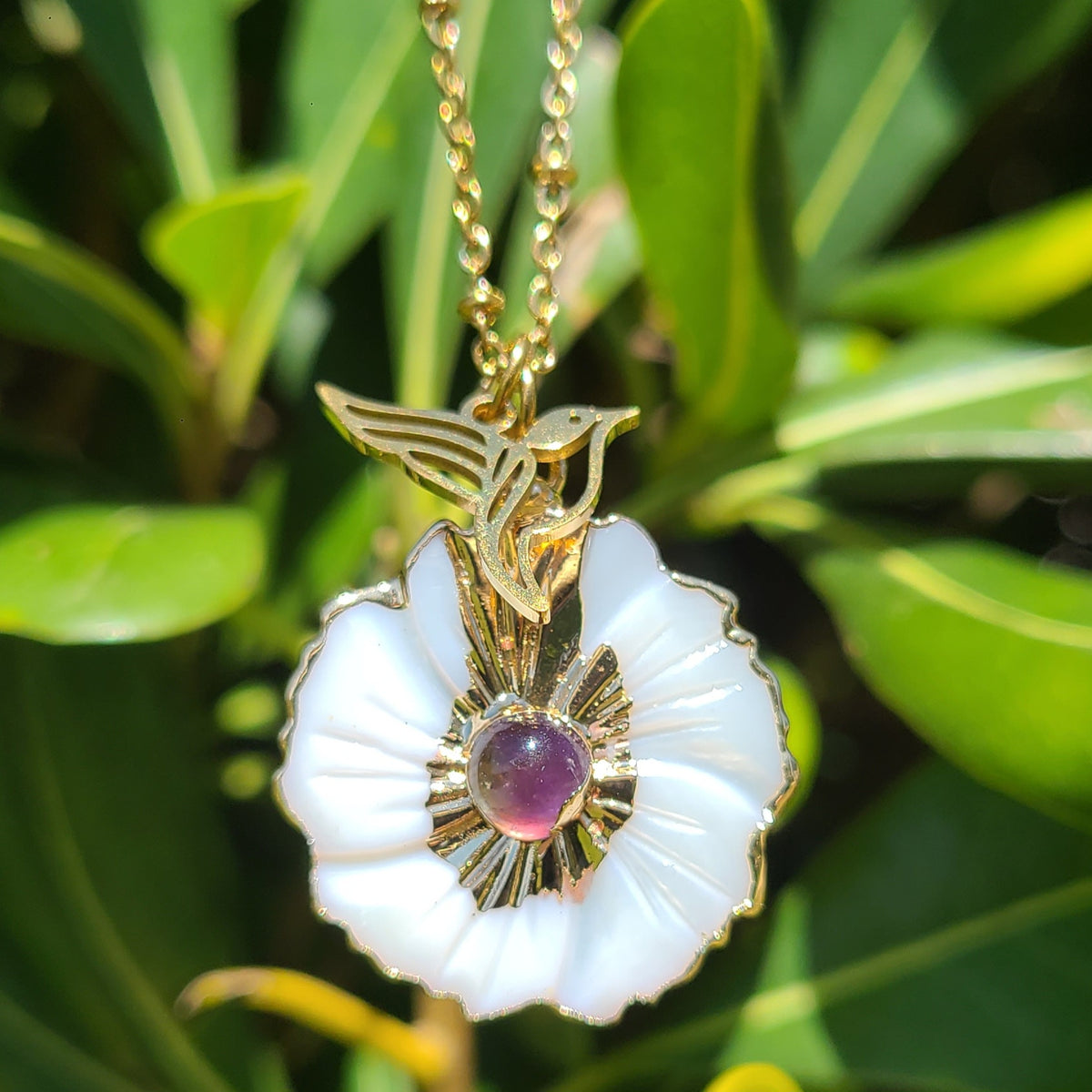 Collier en nacre & améthyste (colibri)