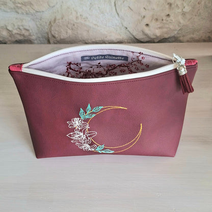 trousse femme lune brodee simili cuir bordeaux interieur
