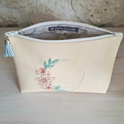 trousse ecru brodée lune interieur tissu doublure fermeture eclair