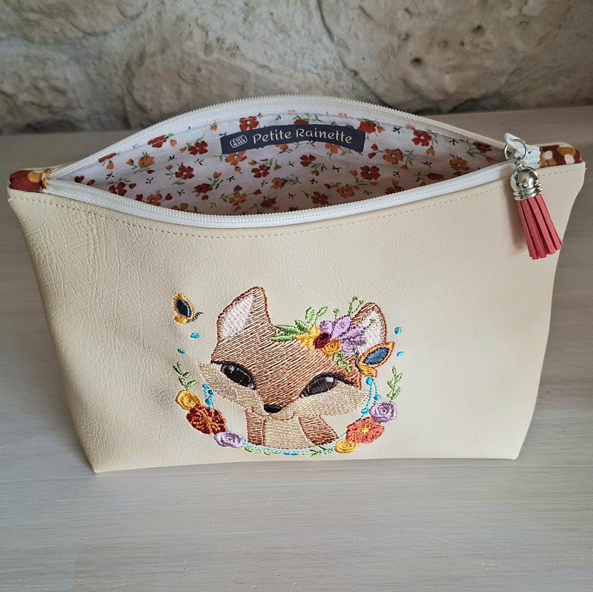 trousse en fant brodée renarde interieur