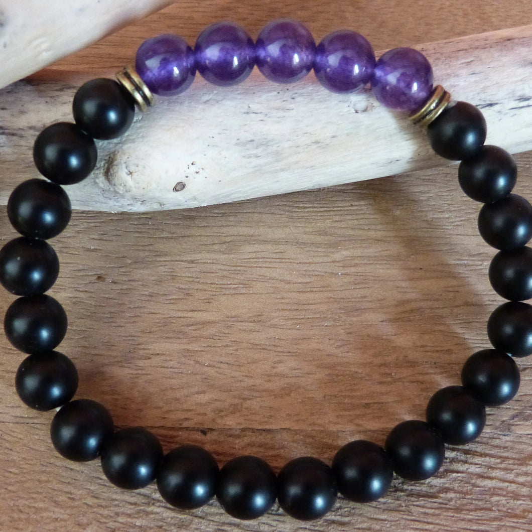 Bracelet en shungite et améthyste naturelles - Bijoux Cailloux Bambou