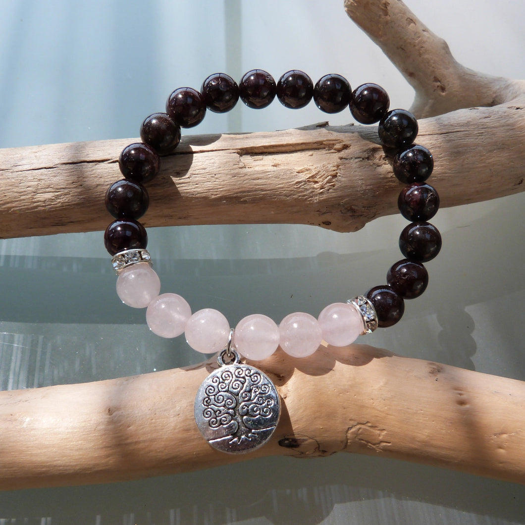 Bracelet en quartz rose et grenat naturels - Bijoux Cailloux Bambou