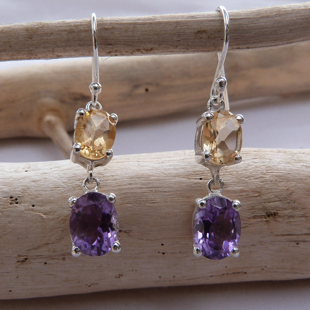 Boucles d'oreilles longues en argent et améthyste et citrine - Bijoux Cailloux Bambou