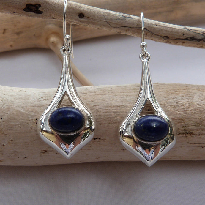 Boucles d'oreilles longues forme goutte en argent et lapis-lazuli - Bijoux Cailloux Bambou