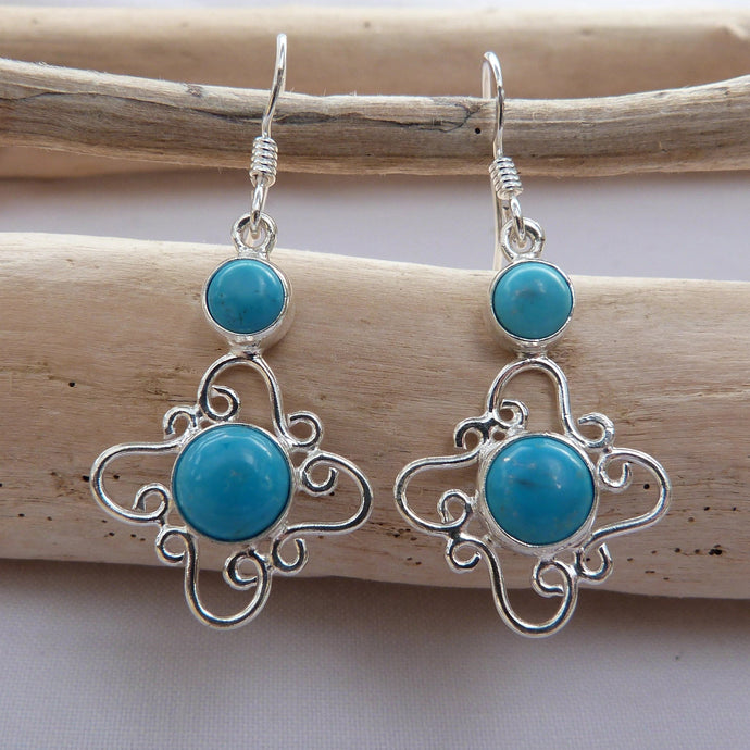 Boucles d'oreilles longues en argent et turquoise - Bijoux Cailloux Bambou