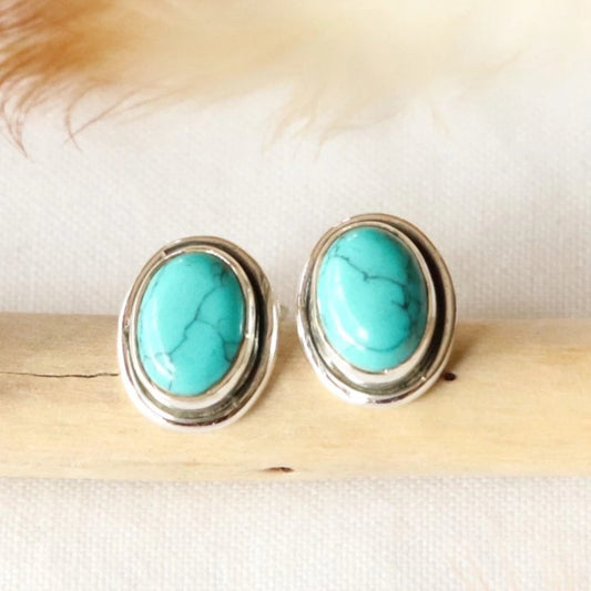Clous d'oreilles ovales en argent et turquoise - Petite Rainette