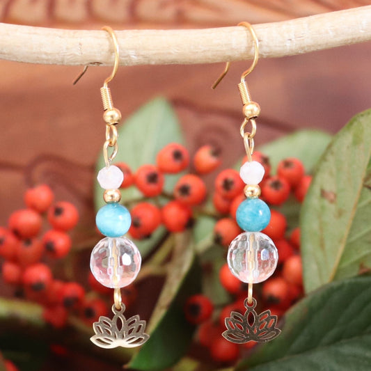 Boucles d'oreilles longuesen acier cristal de roche apatite et pierre de lune avec breloque lotus