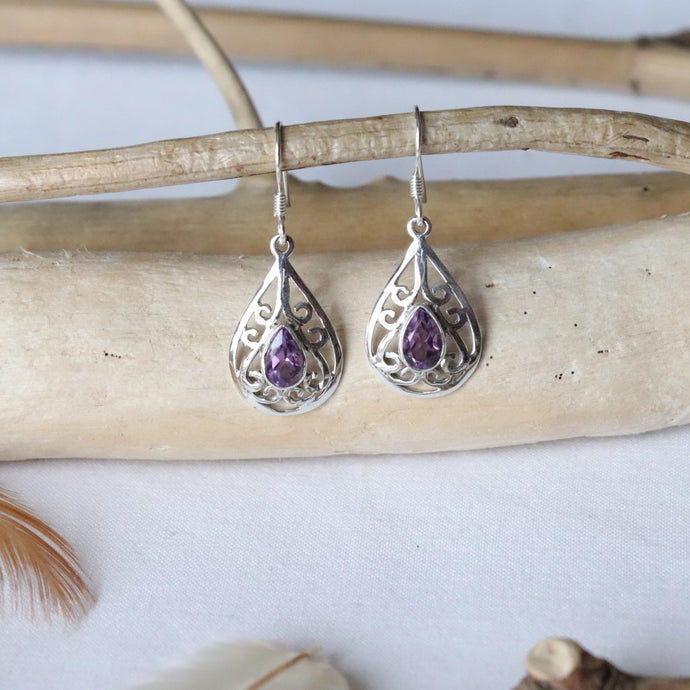 Boucles d'oreilles longues en argent et améthyste - Bijoux Cailloux Bambou