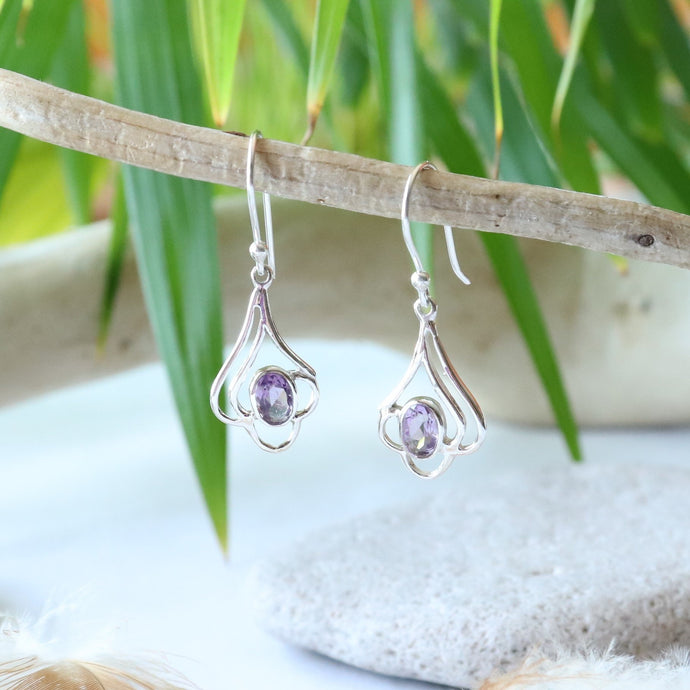 Boucles d'oreilles longues en argent et améthyste - Bijoux Cailloux Bambou