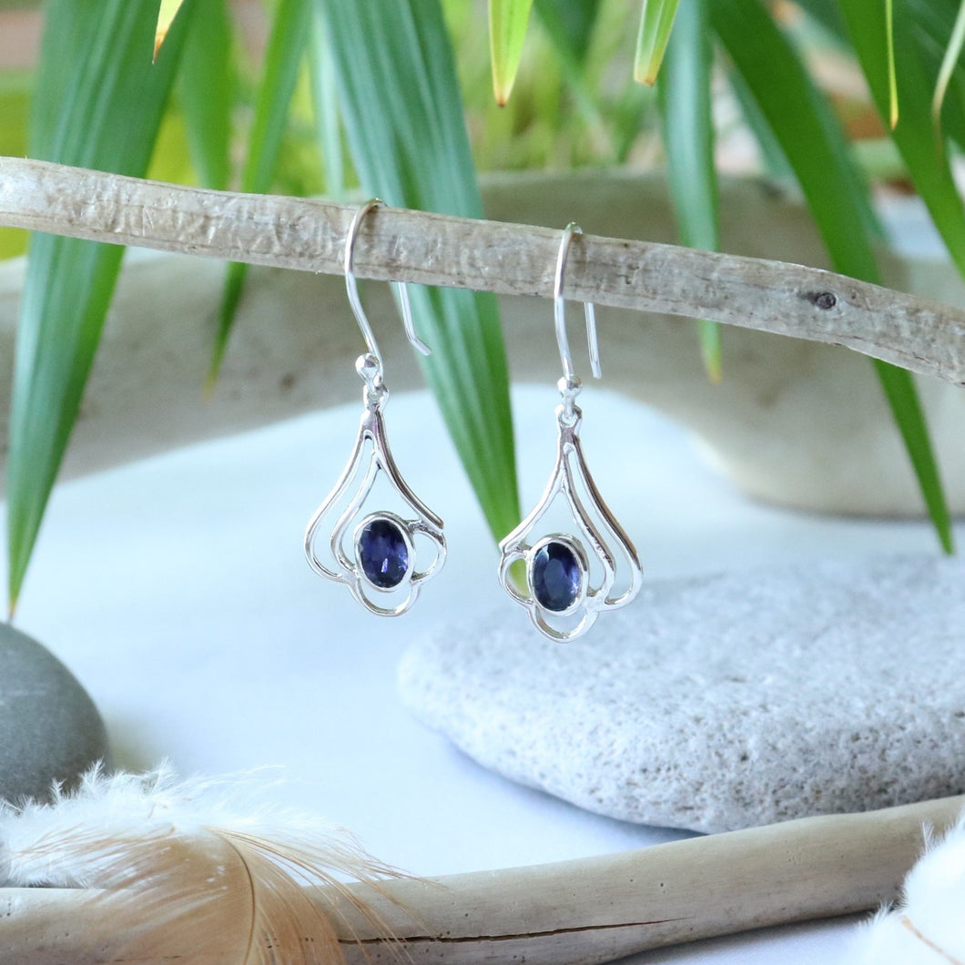 Boucles d'oreilles longues en argent et iolite - Bijoux Cailloux Bambou